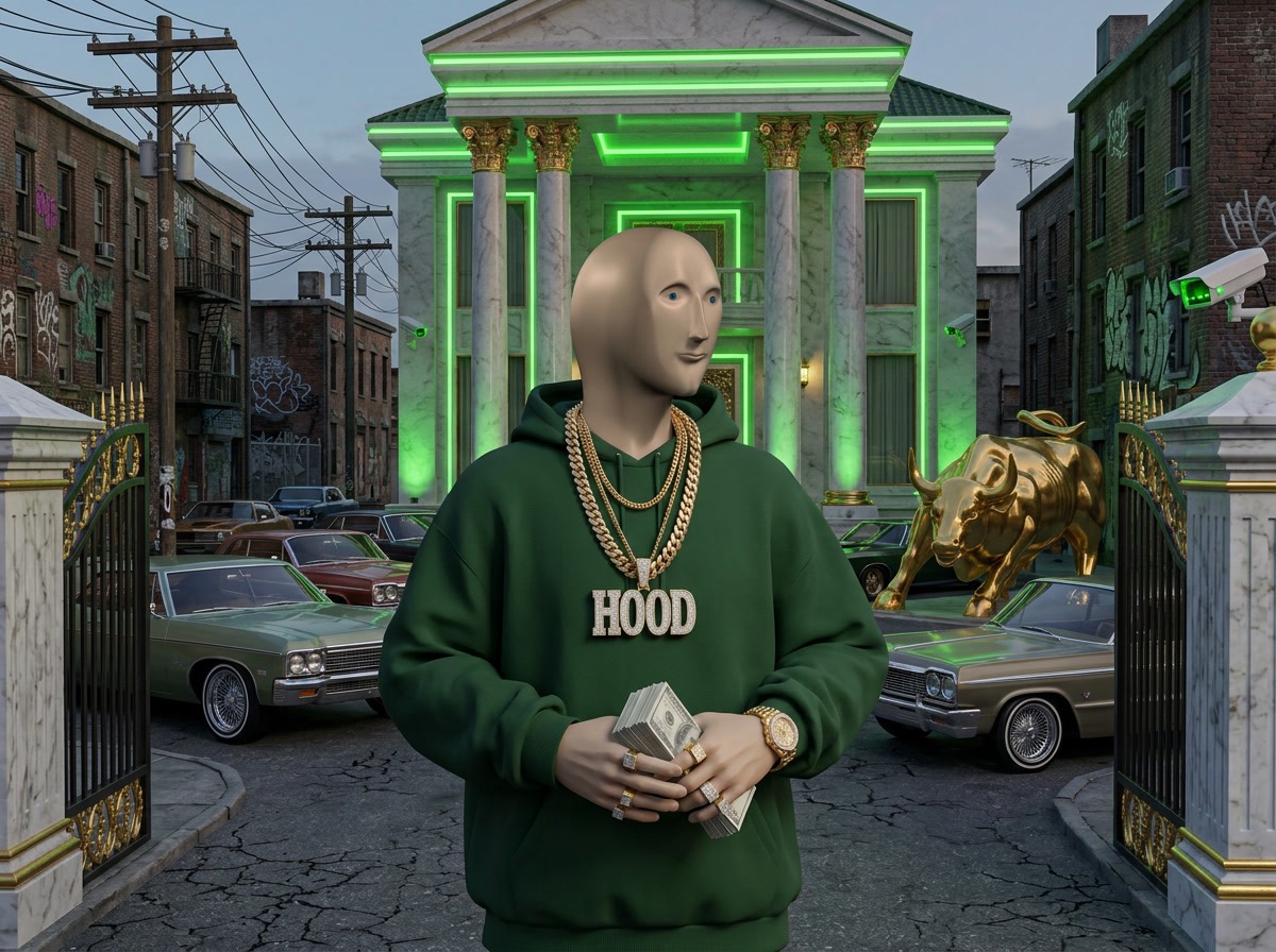 HOODSTONK outside a neon-trimmed bank with classic cars