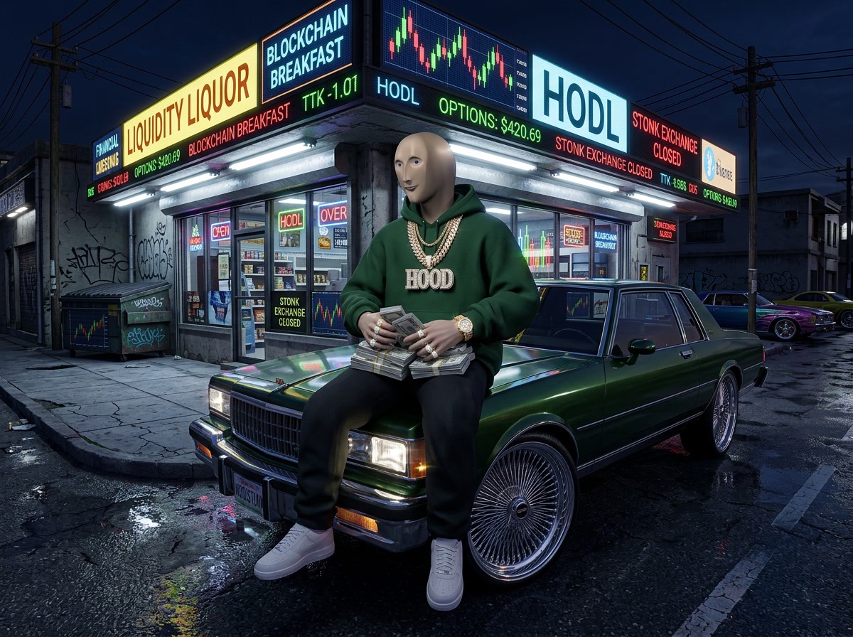 HOODSTONK sitting on a green classic car outside a corner store